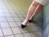 Candid Mature Feet Legs Shoeplay Dipping in Line or Queue