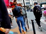 Candid skinny teen tight blue jeans in Paris